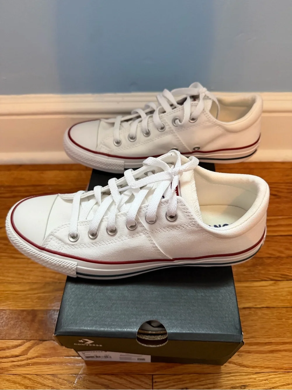 Converse Women’s Low Top Canvas Sneakers in White with Red Trim